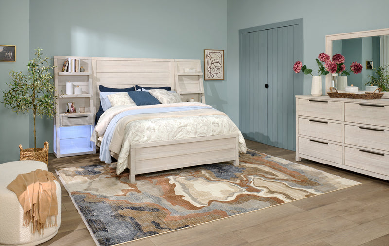 Haven Pier Bed with Headboard, Frame & 2 Piers, USB, LED, White - Queen Size