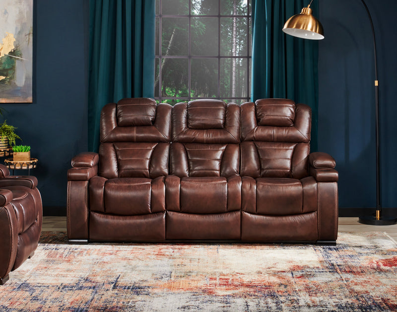 Hugo 84\" Genuine Leather Power Reclining Sofa with Power Headrests, Dual Cupholders and USB Ports - Brown