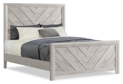 Lark Panel Bed with Headboard & Frame, Chevron Pattern, Rustic White - Full Size | Lit à panneaux Lark blanc rustique avec tête de lit, cadre et motif de chevrons - format lit double