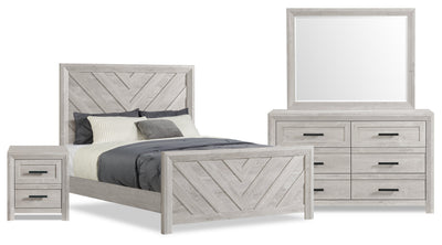 Lark 6pc Bedroom Set with Panel Bed, Dresser, Mirror & Nightstand, Rustic White - Full Size | Ensemble de chambre à coucher Lark 6 pièces blanc rustique avec lit à panneaux, commode, miroir et table de nuit - format lit double