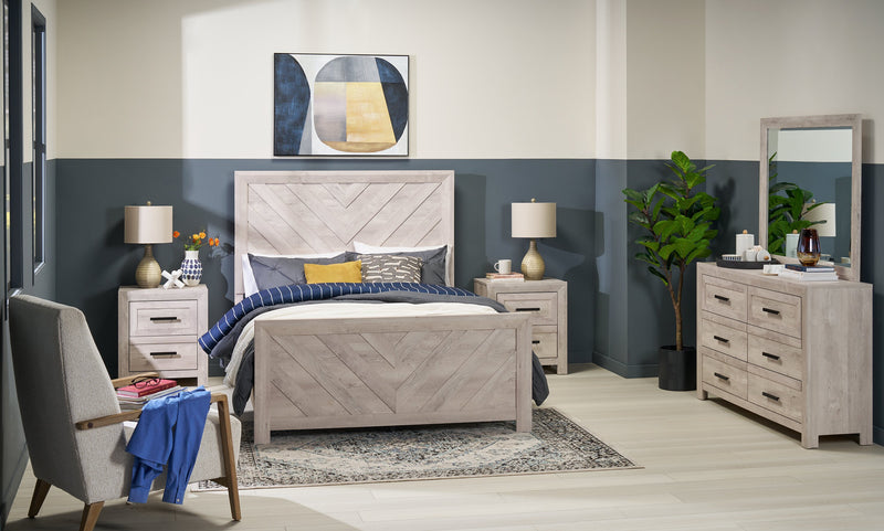 Lark Panel Bed with Headboard & Frame, Chevron Pattern, Rustic White - Queen Size
