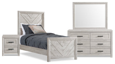 Lark 6pc Bedroom Set with Panel Bed, Dresser, Mirror & Nightstand, Rustic White - Twin Size | Ensemble de chambre à coucher Lark 6 pièces blanc rustique avec lit à panneaux, commode, miroir et table de nuit - format lit simple