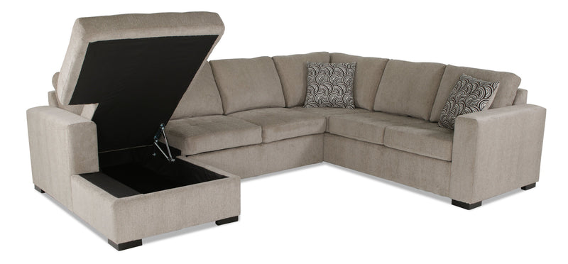 Made in Canada Legend 3-Piece Left-Facing Chenille Fabric Sleeper Sectional with Storage Chaise - Platinum Beige