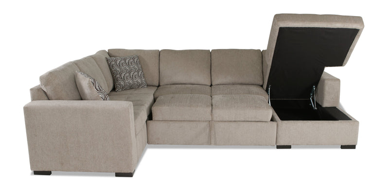 Made in Canada Legend 3-Piece Right-Facing Chenille Fabric Sleeper Sectional with Storage Chaise - Platinum Beige