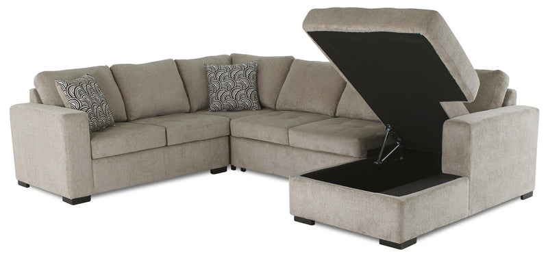Made in Canada Legend 4-Piece Right-Facing Chenille Fabric Sleeper Sectional with Storage Chaise - Platinum Beige