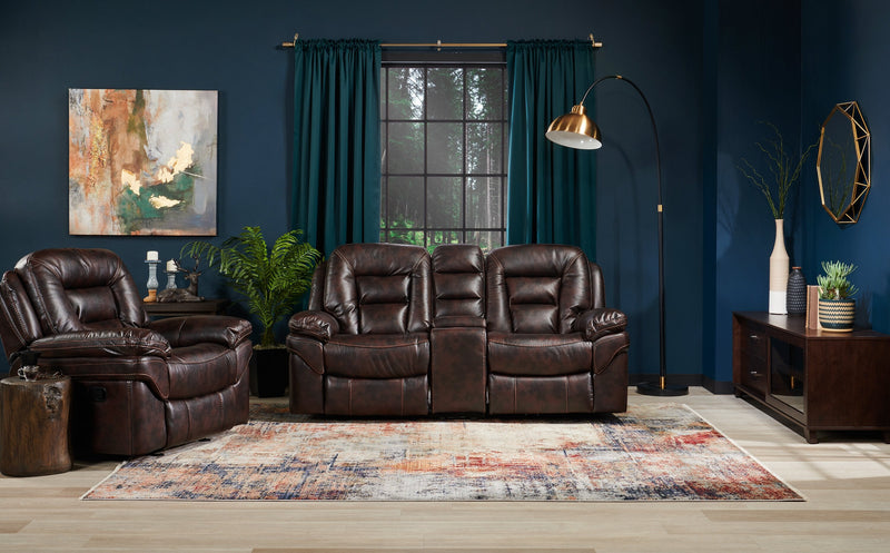 Leo 78\" Leather-Look Fabric Glider Reclining Loveseat with Storage Console - Walnut Brown