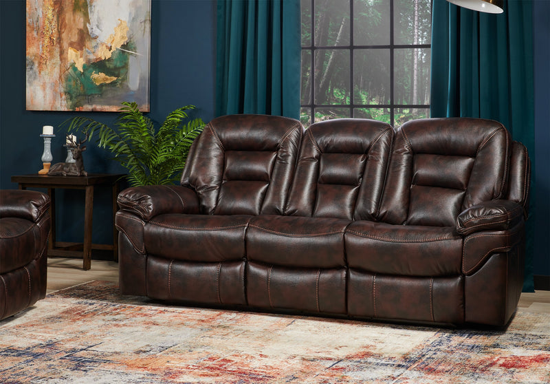 Leo 87.5\" Leather-Look Fabric Reclining Sofa - Walnut Brown 