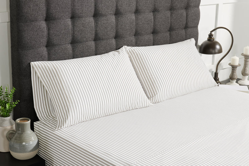 Striped 4-Piece Full Cotton Sheet Set - Light Grey