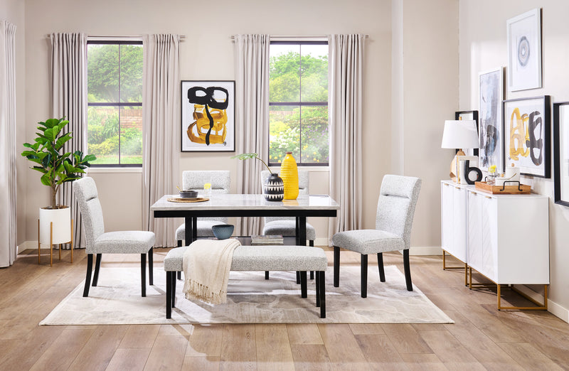 Libra Dining Table with Marble-Look Top & Storage Shelf, 60\"W- Black/Grey