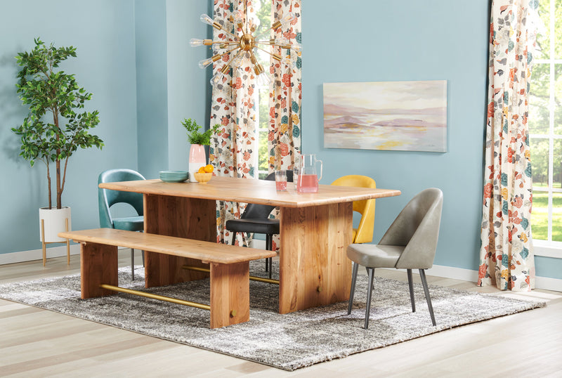 Malta Dining Bench, Acacia Wood, Gold Accent, Trestle Base  70\"W - Natural Brown