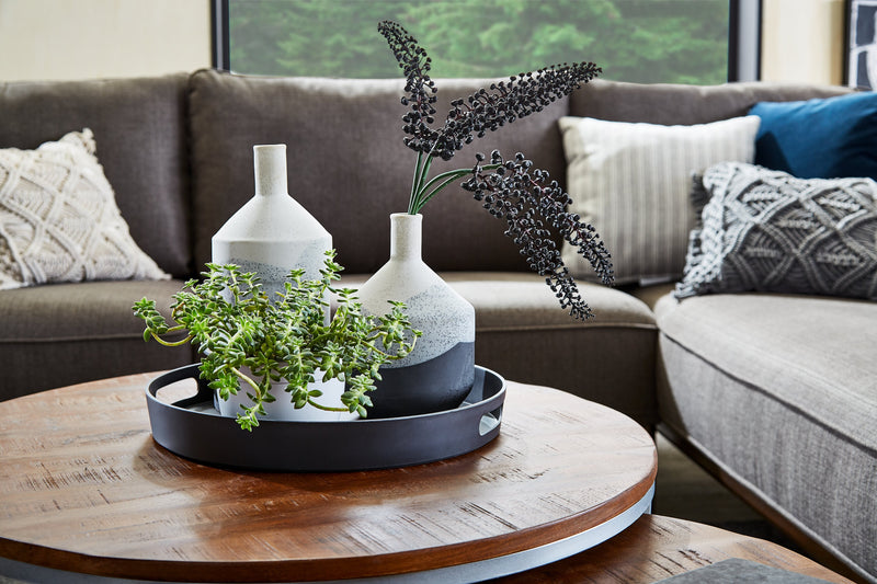 Veranasi 30\" Rustic Round Nesting Coffee Tables - Washed Light Brown Wood Top and Iron Legs