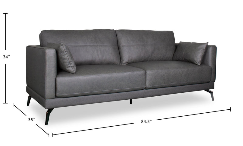 Melrose 84.5\" Top-Grain Genuine Leather Sofa with Metal Legs - Grey