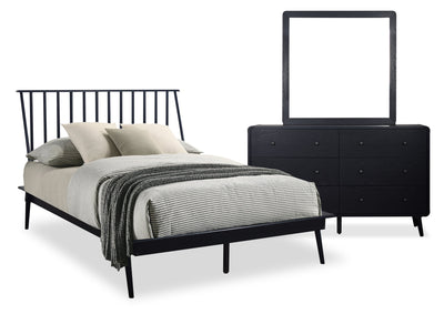 Milan 5pc Bedroom Set with Bed, Dresser & Mirror, Mid-Century Modern, Black - Full Size | Ensemble de chambre à coucher Milan 5 pièces de style moderne du milieu du 20e siècle avec lit, commode et miroir, noir - format lit double