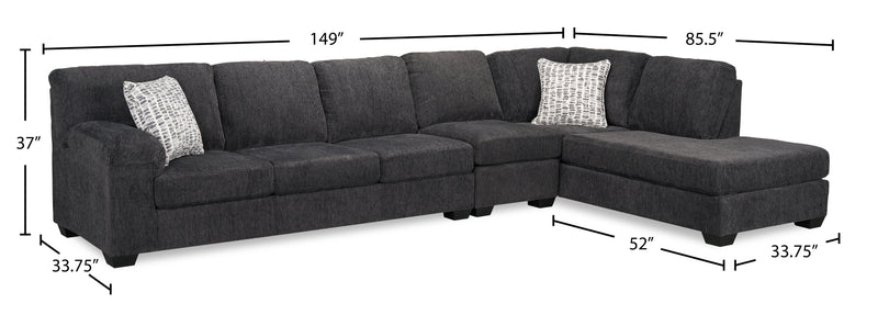 Made in Canada Morgan 3-Piece Right-Facing Chenille Fabric Sectional with Sofa and Accent Pillows - Grey