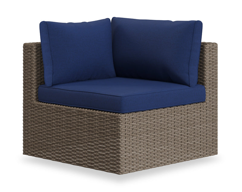 Naples 7-Piece Outdoor Patio Set with 3 Corner Chairs, 2 Armless Chairs, Patio Chair & Ottoman - Hand-Woven Resin Wicker, UV & Weather Resistant - Natural/Blue