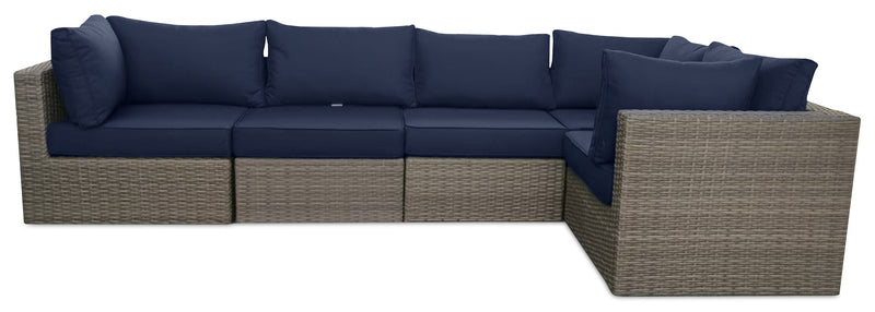 Naples 7-Piece Outdoor Patio Set with 3 Corner Chairs, 2 Armless Chairs, Patio Chair & Ottoman - Hand-Woven Resin Wicker, UV & Weather Resistant - Natural/Blue