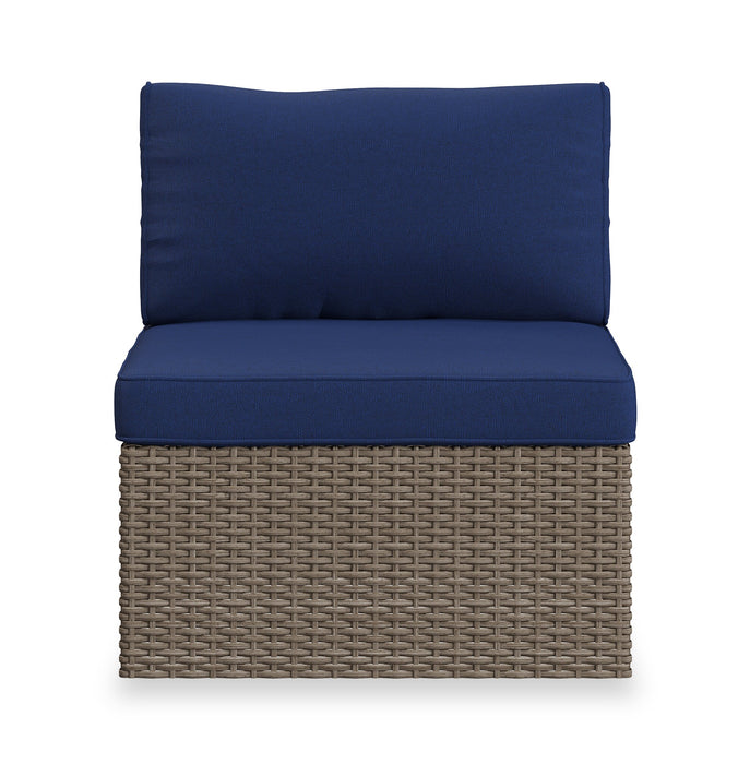 Naples 7-Piece Outdoor Patio Set with 3 Corner Chairs, 2 Armless Chairs, Patio Chair & Ottoman - Hand-Woven Resin Wicker, UV & Weather Resistant - Natural/Blue
