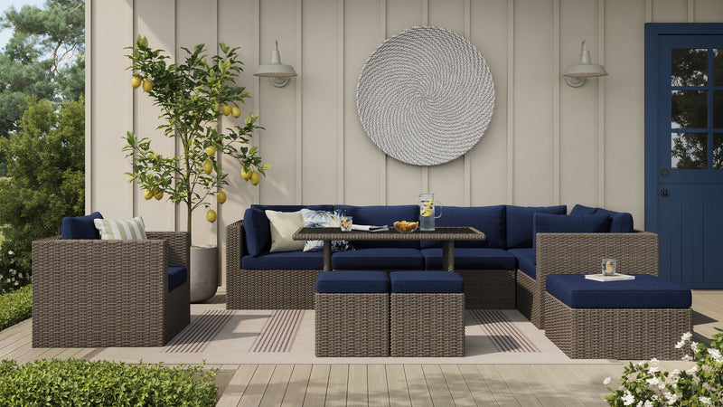 Naples 10-Piece Outdoor Patio Set with 3 Corner Chairs, 2 Armless Chairs, Chair, Large Ottoman, 2 Small Ottomans & Dining Height Table - Hand-Woven Resin Wicker, UV & Weather Resistant - Natural/Blue