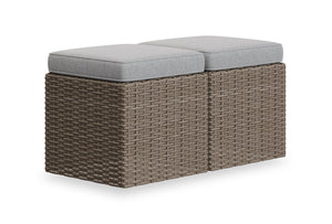 Naples Small Outdoor Patio Ottoman, Set of 2 - Hand-Woven Resin Wicker, UV & Weather Resistant - Natural/Grey