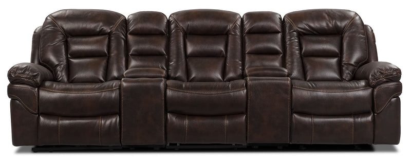 Leo 5-Piece Leather-Look Fabric Home Theatre Reclining Sectional with Storage Consoles and Cupholders - Walnut Brown