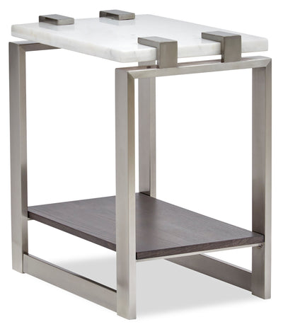 Paradox 16" Modern Chairside Table with Shelf - White Marble Top with Brushed Platinum Frame|Table de fauteuil moderne Paradox de 16 po avec tablette - dessus en marbre blanc avec armature platine brossé