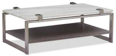 Paradox 48" Modern Coffee Table with Shelf - White Marble Top with Brushed Platinum Frame|Table à café moderne Paradox de 48 po avec tablette - dessus en marbre blanc avec armature platine brossé