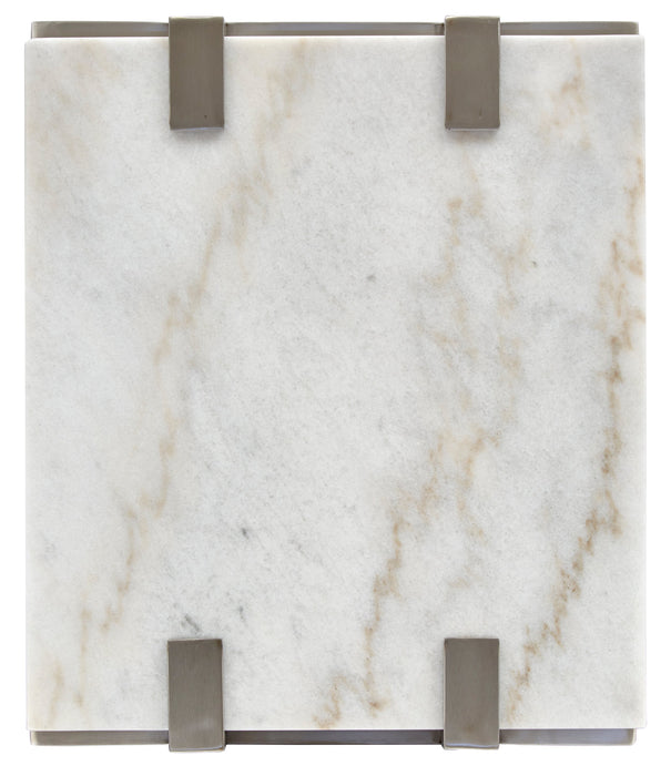 Paradox 22\" Modern End Table with Shelf - White Marble Top with Brushed Platinum Frame