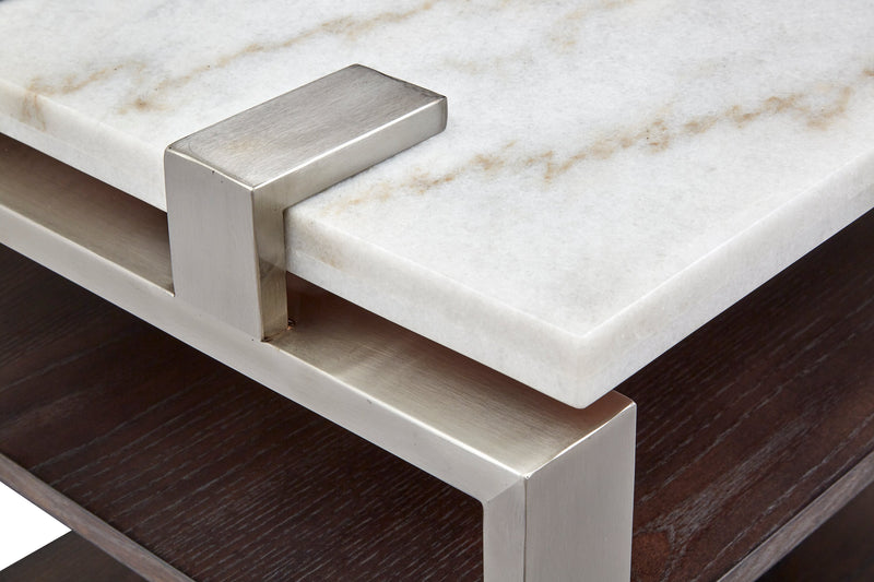 Paradox 22\" Modern End Table with Shelf - White Marble Top with Brushed Platinum Frame