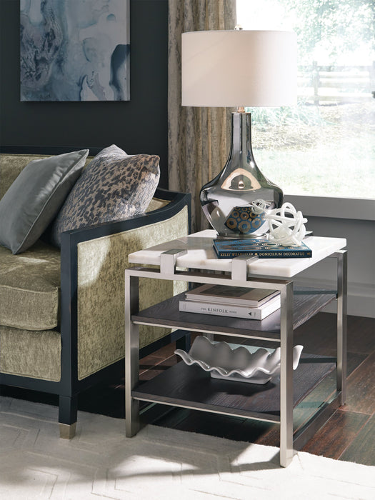 Paradox 22\" Modern End Table with Shelf - White Marble Top with Brushed Platinum Frame