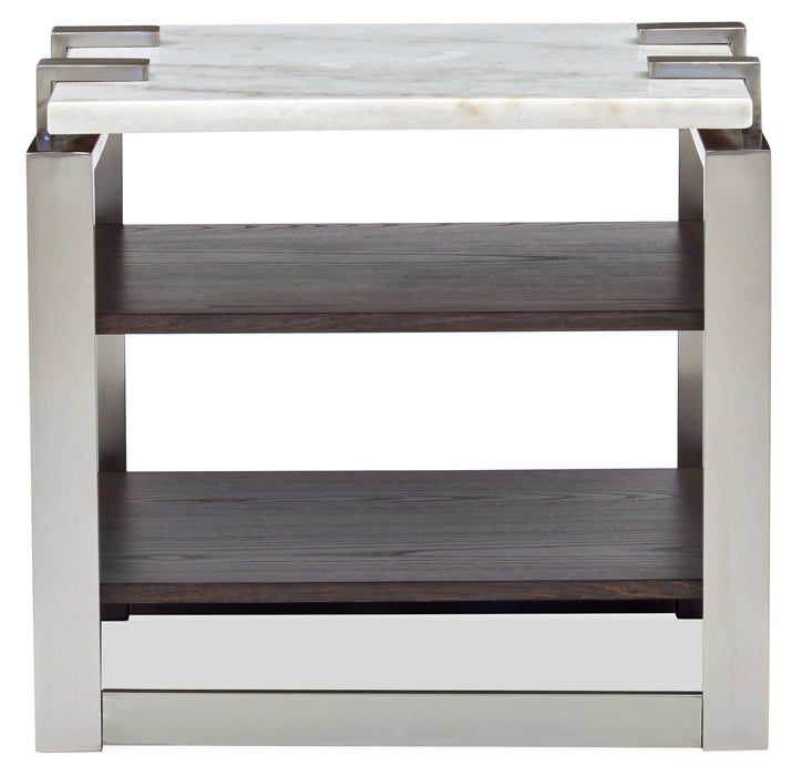 Paradox 22\" Modern End Table with Shelf - White Marble Top with Brushed Platinum Frame
