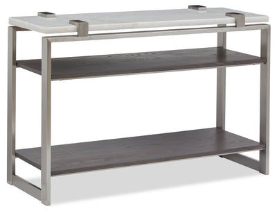 Paradox 48" Modern Sofa Table with Shelf - White Marble Top with Brushed Platinum Frame|Table de salon moderne Paradox de 48 po avec tablette - dessus en marbre blanc avec armature platine brossé