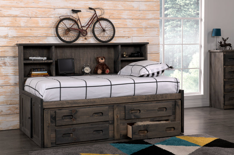 Piper Storage Bed with Bookcase Headboard for Kids, Solid Pine, Driftwood Grey - Full Size