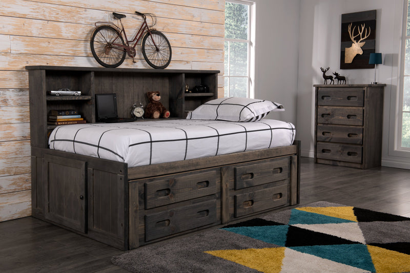 Piper Storage Bed with Bookcase Headboard for Kids, Solid Pine, Driftwood Grey - Full Size