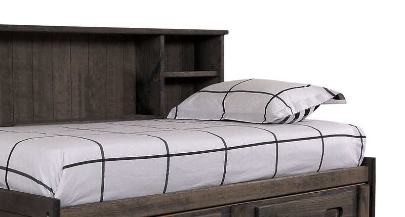 Piper Storage Bed with Bookcase Headboard for Kids, Solid Pine, Driftwood Grey - Full Size