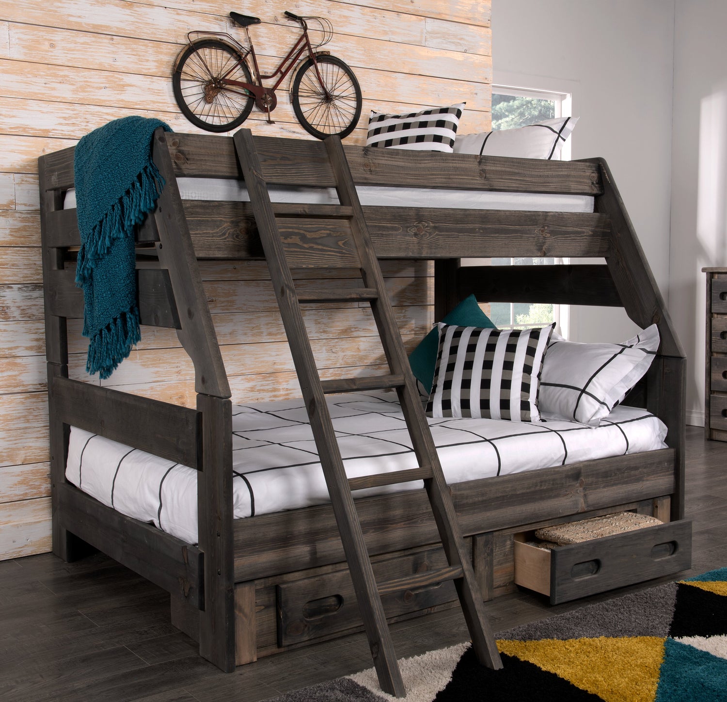 Piper Bunk Bed with Guard Rail for Kids Solid Pine Driftwood Grey Twin Full