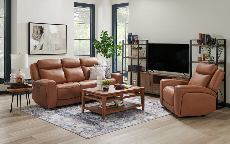 Scott Living Prescott 88.5\" Genuine Leather Power Reclining Sofa with Power Headrests - Butternut Brown