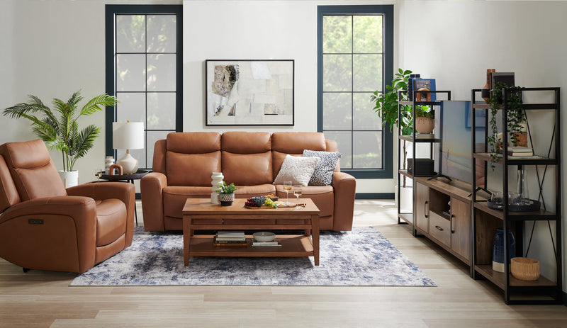 Scott Living Prescott 88.5\" Genuine Leather Power Reclining Sofa with Power Headrests - Butternut Brown