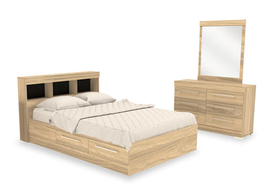 Riley Mates Bed 5pc Set with Bookcase Headboard, Dresser & Mirror, Natural - Full Size | Ensemble lit matelot Riley 5 pièces avec tête de lit bibliothèque, commode et miroir, naturel - format lit double