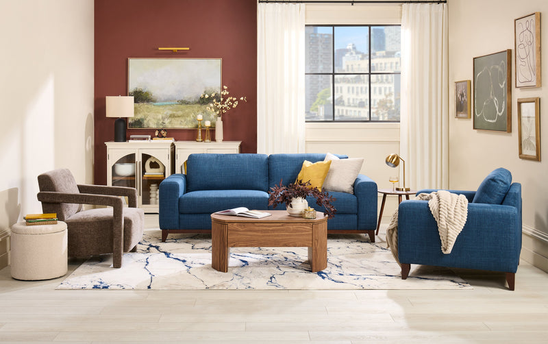 River 40.1\" Linen-Look Fabric Chair with Wood Base and Legs - Blue