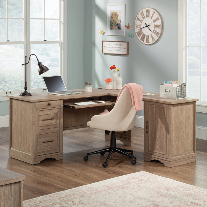 Rollingwood 65.98\" Commercial Grade L-Shaped Office Desk with Keyboard Tray & Storage - Brushed Oak