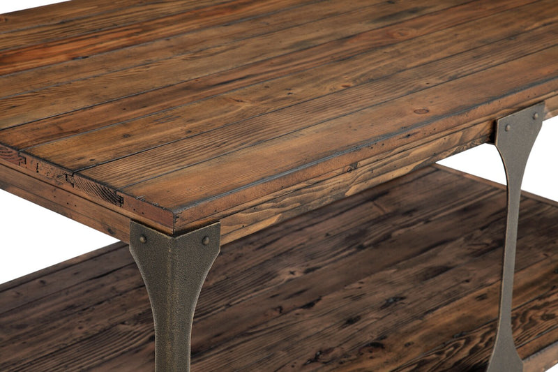 Albany 48” Industrial Pine Coffee Table with Shelf and Casters - Bourbon