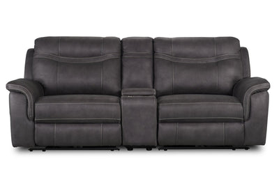 Floy 99" Faux Suede Power Reclining Loveseat with Power Headrests, Storage Console and USB Ports - Grey | Causeuse à inclinaison électrique Floy de 99 po en suédine avec appuie-têtes électriques, console de rangement et ports USB - grise