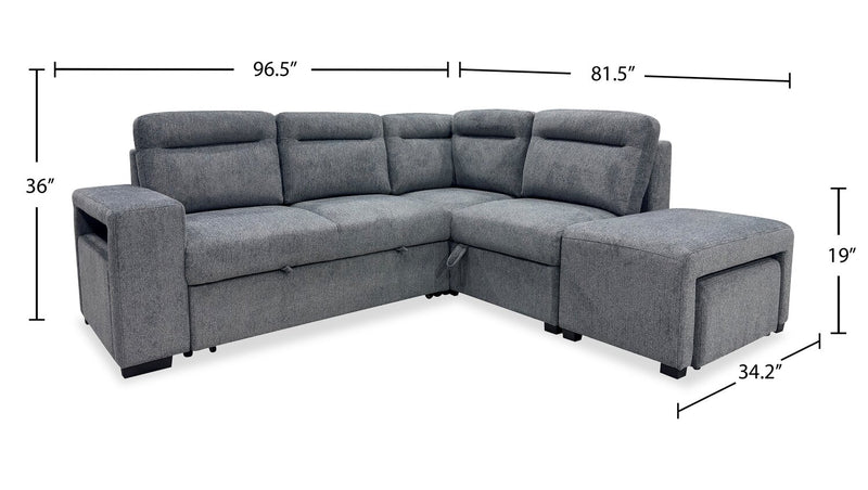 Coast 3-Piece Right-Facing Fabric Sleeper Sectional with Storage and Ottoman - Smoke