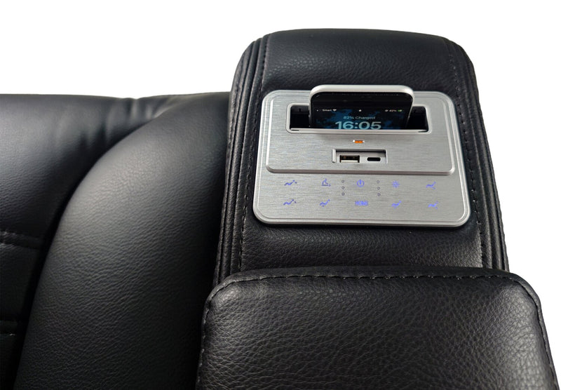 Zen 75.5\" Faux Leather Power Reclining Massage Loveseat with Refrigerator Console - Black