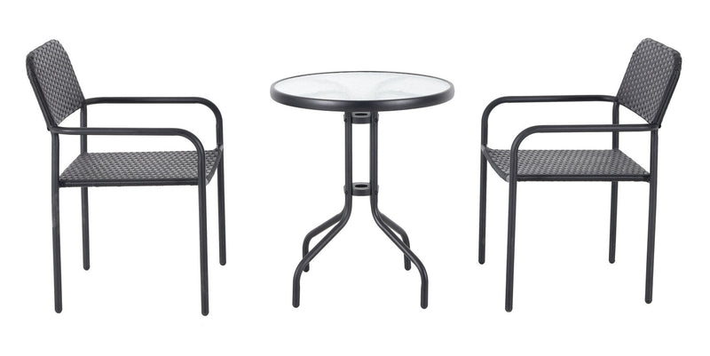 Paris 3-Piece Outdoor Patio Bistro Set with 2 Chairs and Glass Top Table - Hand-Woven Resin Wicker, UV & Weather Resistant  - Black