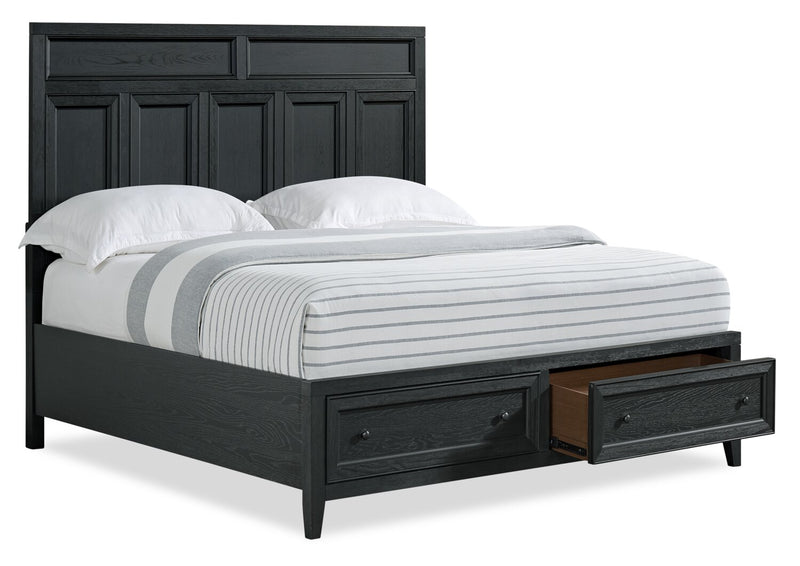 Casa Panel Bed with Headboard & Frame, Wood, Black - Queen Size