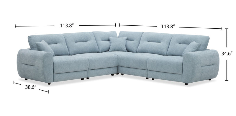 Alora 5-Piece Fabric Sectional with Three Accent Pillows and Rolled Arms - Blue