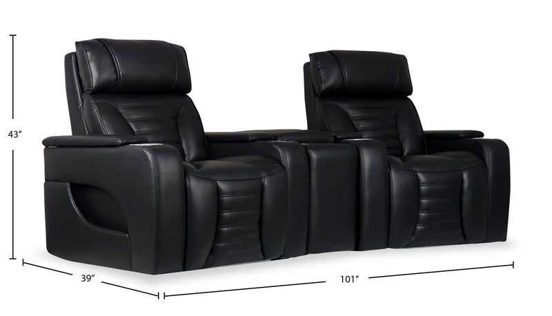 Zen 3-Piece Faux Leather Home Theatre Power Reclining Sectional with Massage and Storage Console - Black