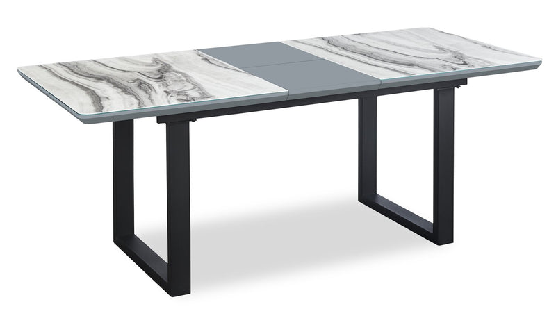 Ezra Dining Table, 63-79\"W Self-Storing Butterfly Leaf, Metal, Glass, Faux Marble - White