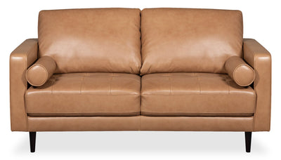 Edge 70" Genuine Leather Loveseat with Wood Legs and Removable Back Cushions - Brown | Causeuse Edge de 70 po en cuir véritable avec pattes en bois et coussins de dossier amovibles - brun